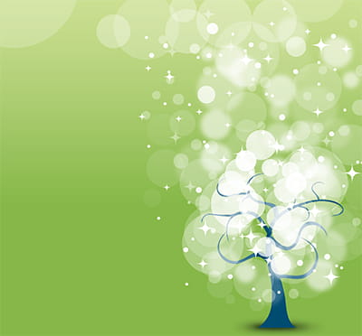 Illustration of a tree with balls of light drifting up and away on a green background