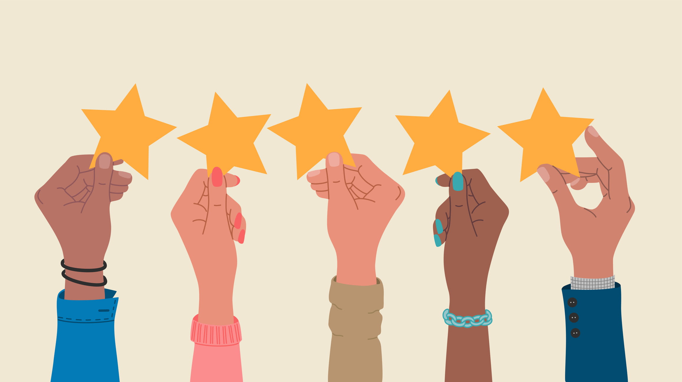Graphic illustration of 5 hands holding up 5 stars