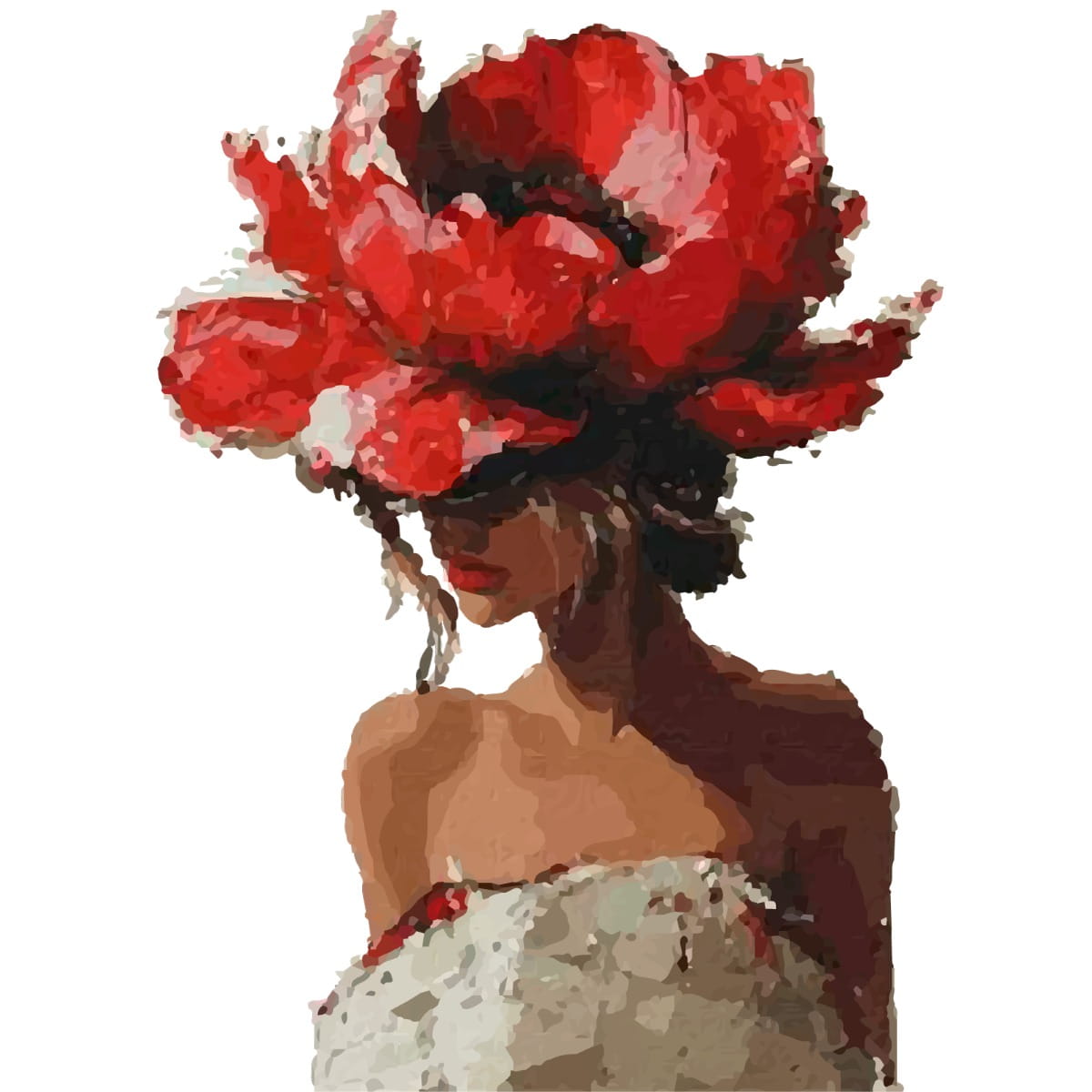 Stylized illustration of a woman with a large flower-style hat.