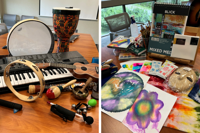 A collage of two photos picturing musical instruments and art supplies